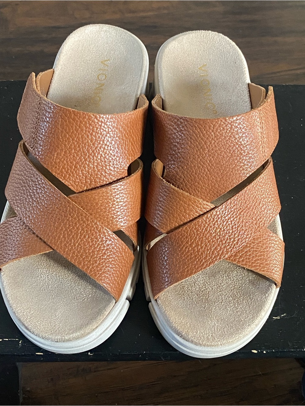 Vionic Tan Crisscross Slide Sandals